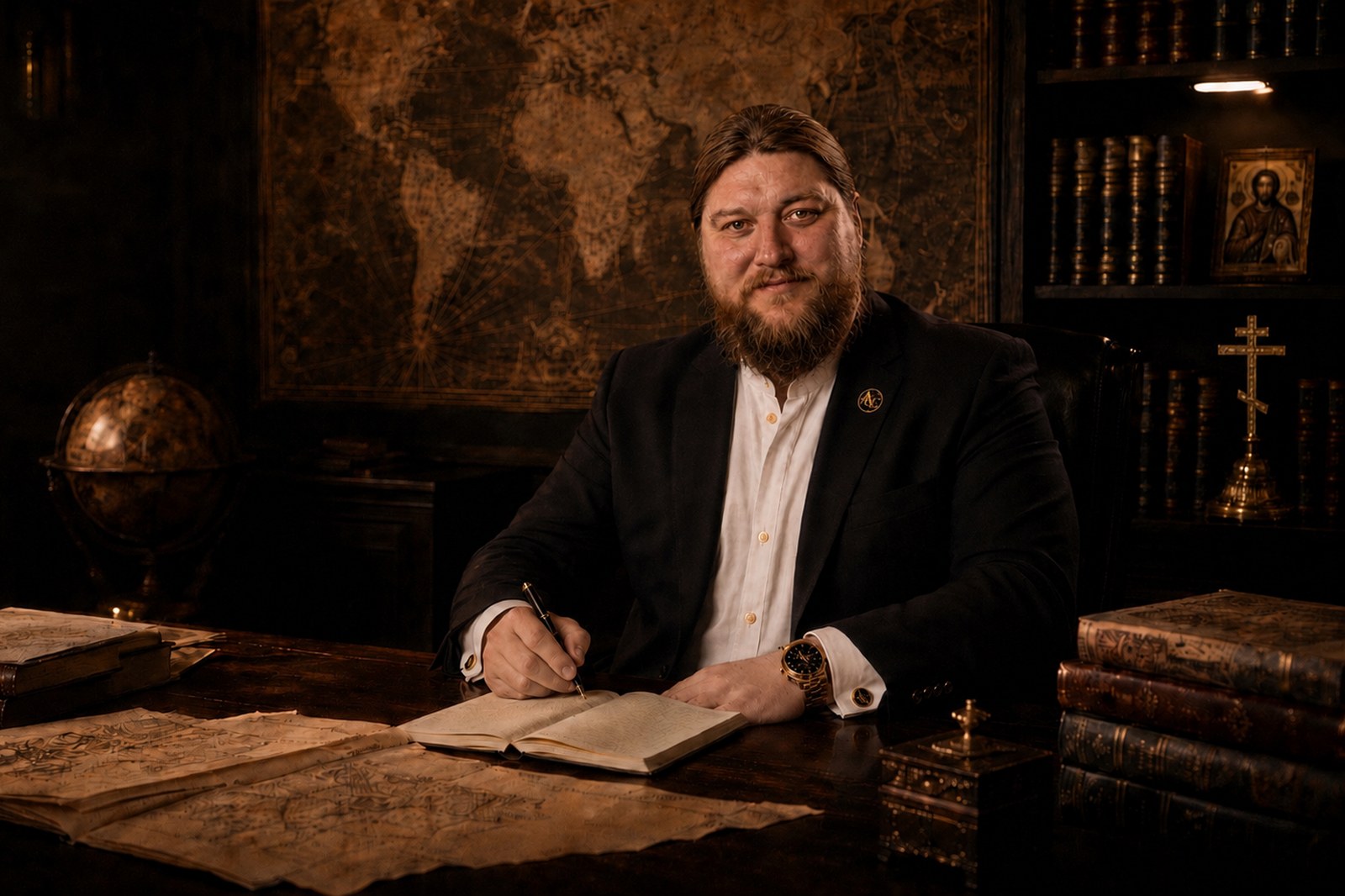 Tudor Afanasov la birou, scriind, cu o hartă istorică a lumii în fundal