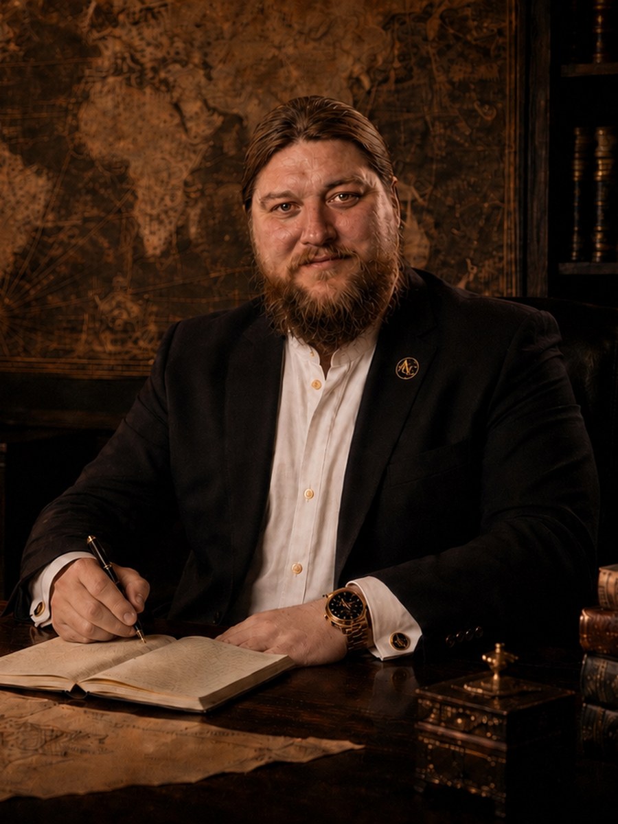 Tudor Afanasov la birou, scriind, cu o hartă istorică a lumii în fundal